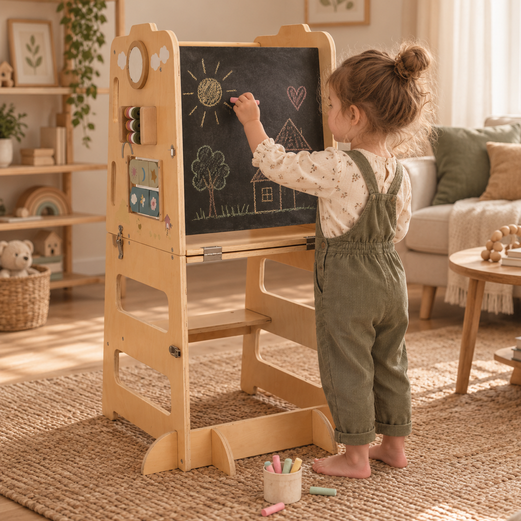 La Torre delle Scoperte – Torre Montessori Trasformabile con Lavagna e Tavolino